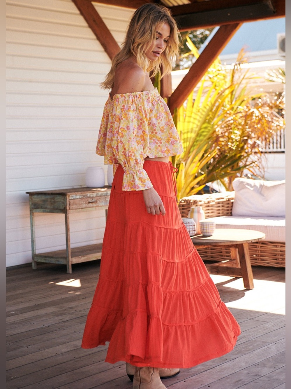 Free People Simply Smitten Tiered Maxi Skirt in Zesty Orange oversized Small